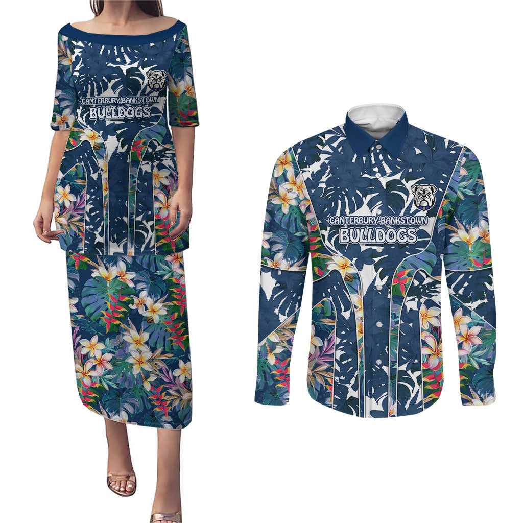 Canterbury-Bankstown Bulldogs Couples Matching Puletasi and Long Sleeve Button Shirt Tropical Hibiscus Floral Pattern With Blue And White Accents