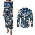 Canterbury-Bankstown Bulldogs Couples Matching Puletasi and Long Sleeve Button Shirt Tropical Hibiscus Floral Pattern With Blue And White Accents