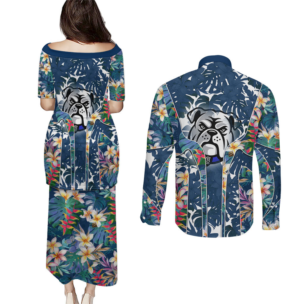 Canterbury-Bankstown Bulldogs Couples Matching Puletasi and Long Sleeve Button Shirt Tropical Hibiscus Floral Pattern With Blue And White Accents