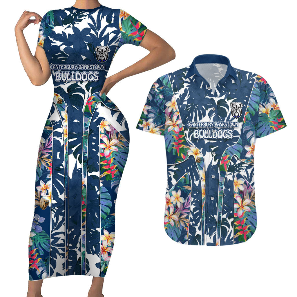 Canterbury-Bankstown Bulldogs Couples Matching Short Sleeve Bodycon Dress and Hawaiian Shirt Tropical Hibiscus Floral Pattern With Blue And White Accents
