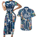 Canterbury-Bankstown Bulldogs Couples Matching Short Sleeve Bodycon Dress and Hawaiian Shirt Tropical Hibiscus Floral Pattern With Blue And White Accents
