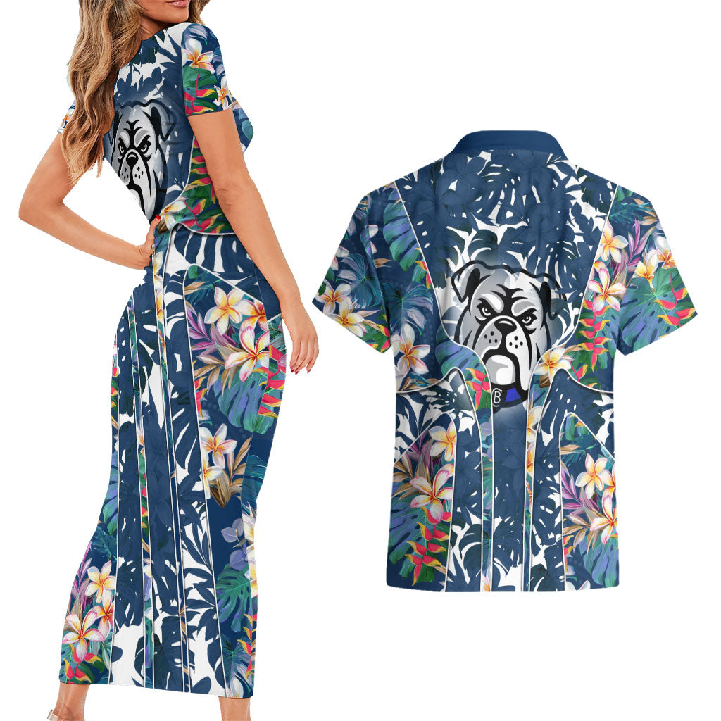 Canterbury-Bankstown Bulldogs Couples Matching Short Sleeve Bodycon Dress and Hawaiian Shirt Tropical Hibiscus Floral Pattern With Blue And White Accents