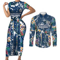 Canterbury-Bankstown Bulldogs Couples Matching Short Sleeve Bodycon Dress and Long Sleeve Button Shirt Tropical Hibiscus Floral Pattern With Blue And White Accents