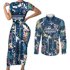 Canterbury-Bankstown Bulldogs Couples Matching Short Sleeve Bodycon Dress and Long Sleeve Button Shirt Tropical Hibiscus Floral Pattern With Blue And White Accents