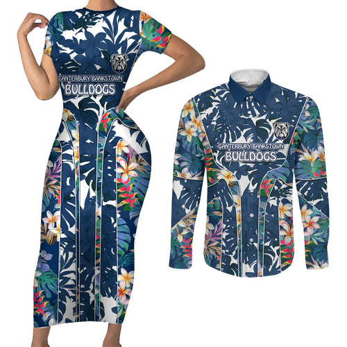Canterbury-Bankstown Bulldogs Couples Matching Short Sleeve Bodycon Dress and Long Sleeve Button Shirt Tropical Hibiscus Floral Pattern With Blue And White Accents