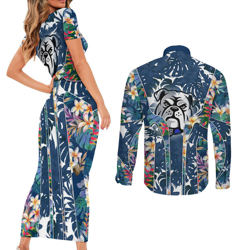 Canterbury-Bankstown Bulldogs Couples Matching Short Sleeve Bodycon Dress and Long Sleeve Button Shirt Tropical Hibiscus Floral Pattern With Blue And White Accents