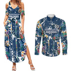 Canterbury-Bankstown Bulldogs Couples Matching Summer Maxi Dress and Long Sleeve Button Shirt Tropical Hibiscus Floral Pattern With Blue And White Accents