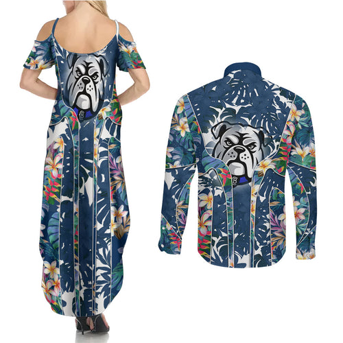 Canterbury-Bankstown Bulldogs Couples Matching Summer Maxi Dress and Long Sleeve Button Shirt Tropical Hibiscus Floral Pattern With Blue And White Accents