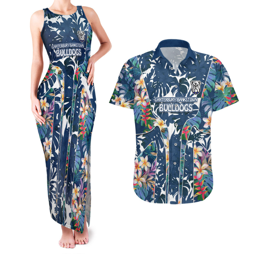 Canterbury-Bankstown Bulldogs Couples Matching Tank Maxi Dress and Hawaiian Shirt Tropical Hibiscus Floral Pattern With Blue And White Accents