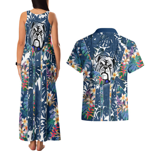 Canterbury-Bankstown Bulldogs Couples Matching Tank Maxi Dress and Hawaiian Shirt Tropical Hibiscus Floral Pattern With Blue And White Accents
