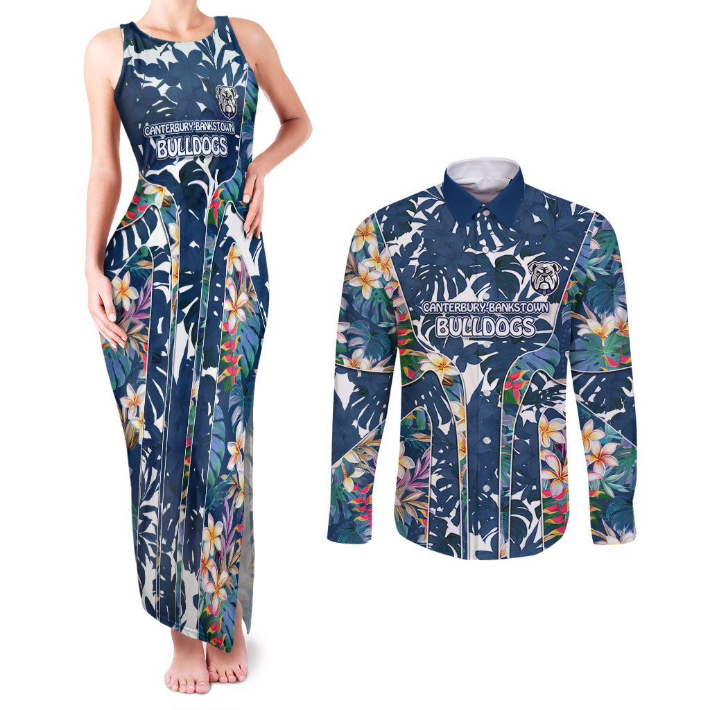 Canterbury-Bankstown Bulldogs Couples Matching Tank Maxi Dress and Long Sleeve Button Shirt Tropical Hibiscus Floral Pattern With Blue And White Accents