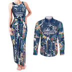 Canterbury-Bankstown Bulldogs Couples Matching Tank Maxi Dress and Long Sleeve Button Shirt Tropical Hibiscus Floral Pattern With Blue And White Accents
