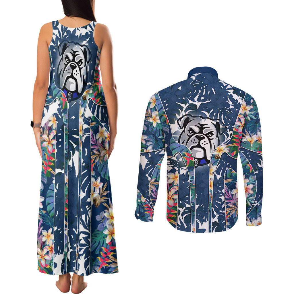 Canterbury-Bankstown Bulldogs Couples Matching Tank Maxi Dress and Long Sleeve Button Shirt Tropical Hibiscus Floral Pattern With Blue And White Accents