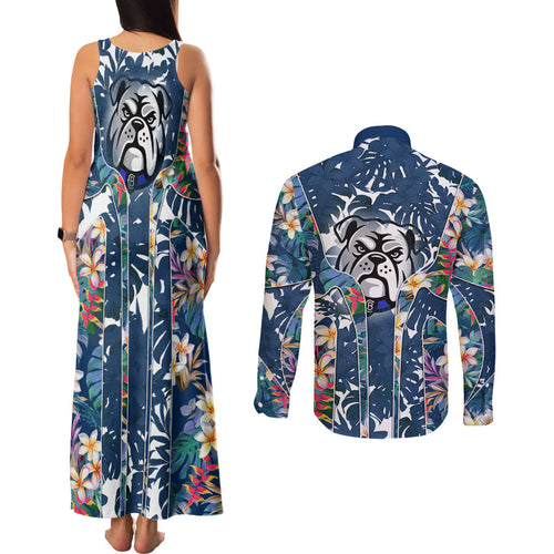 Canterbury-Bankstown Bulldogs Couples Matching Tank Maxi Dress and Long Sleeve Button Shirt Tropical Hibiscus Floral Pattern With Blue And White Accents