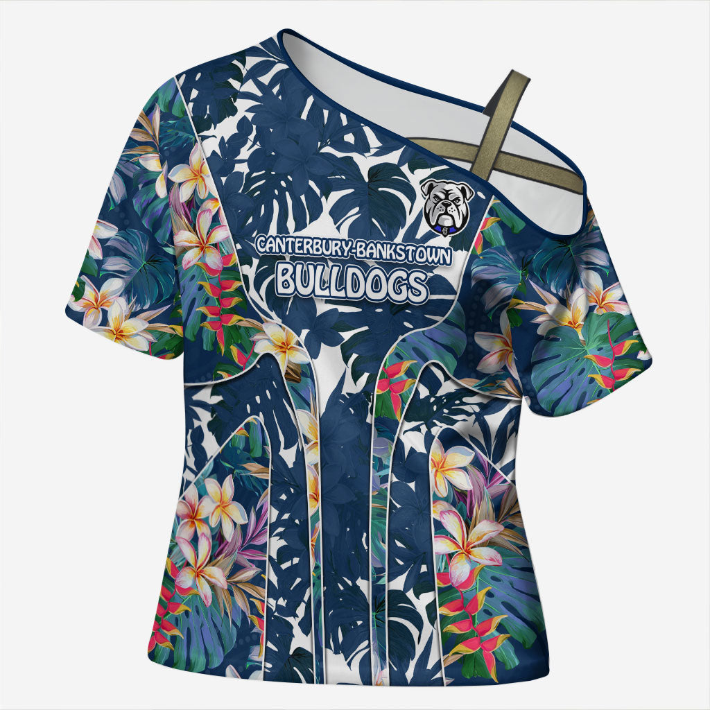 Canterbury-Bankstown Bulldogs Cross Shoulder Shirt Tropical Hibiscus Floral Pattern With Blue And White Accents