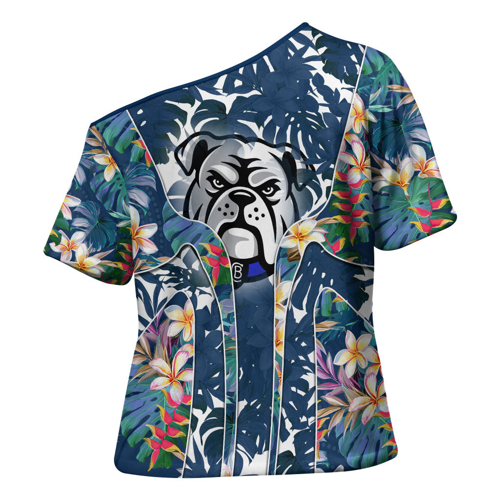 Canterbury-Bankstown Bulldogs Cross Shoulder Shirt Tropical Hibiscus Floral Pattern With Blue And White Accents