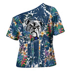 Canterbury-Bankstown Bulldogs Cross Shoulder Shirt Tropical Hibiscus Floral Pattern With Blue And White Accents