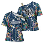 Canterbury-Bankstown Bulldogs Cross Shoulder Shirt Tropical Hibiscus Floral Pattern With Blue And White Accents