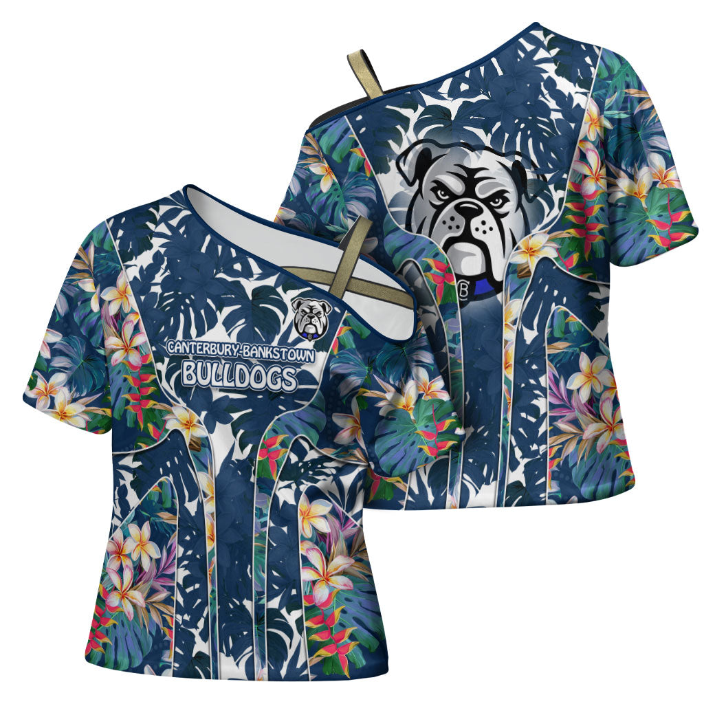 Canterbury-Bankstown Bulldogs Cross Shoulder Shirt Tropical Hibiscus Floral Pattern With Blue And White Accents