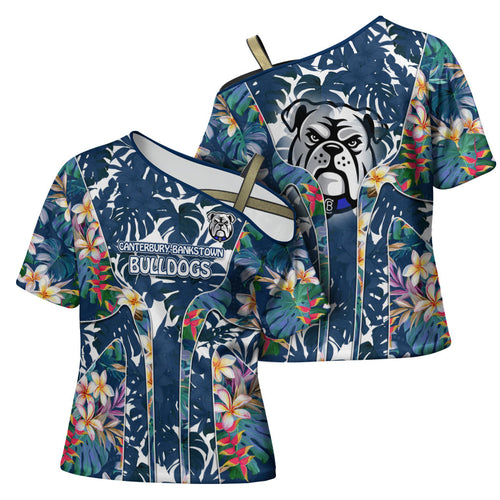 Canterbury-Bankstown Bulldogs Cross Shoulder Shirt Tropical Hibiscus Floral Pattern With Blue And White Accents