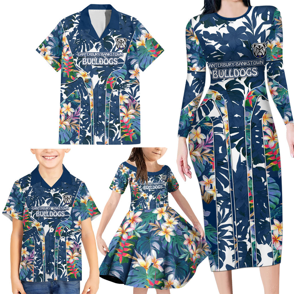 Canterbury-Bankstown Bulldogs Family Matching Long Sleeve Bodycon Dress and Hawaiian Shirt Tropical Hibiscus Floral Pattern With Blue And White Accents