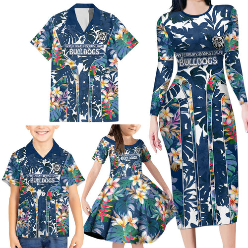 Canterbury-Bankstown Bulldogs Family Matching Long Sleeve Bodycon Dress and Hawaiian Shirt Tropical Hibiscus Floral Pattern With Blue And White Accents
