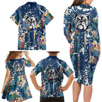 Canterbury-Bankstown Bulldogs Family Matching Long Sleeve Bodycon Dress and Hawaiian Shirt Tropical Hibiscus Floral Pattern With Blue And White Accents