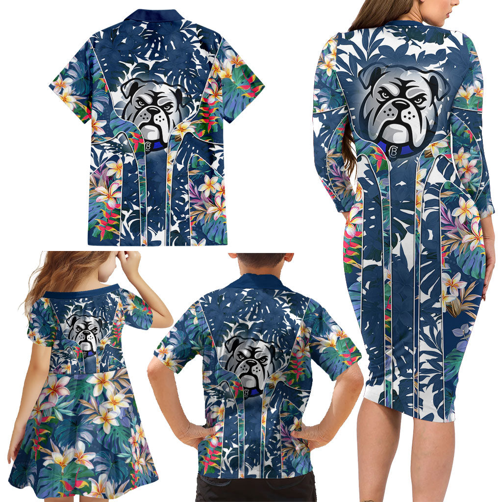 Canterbury-Bankstown Bulldogs Family Matching Long Sleeve Bodycon Dress and Hawaiian Shirt Tropical Hibiscus Floral Pattern With Blue And White Accents
