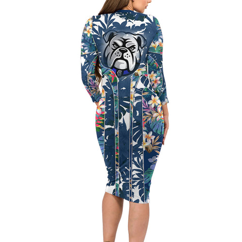 Canterbury-Bankstown Bulldogs Family Matching Long Sleeve Bodycon Dress and Hawaiian Shirt Tropical Hibiscus Floral Pattern With Blue And White Accents