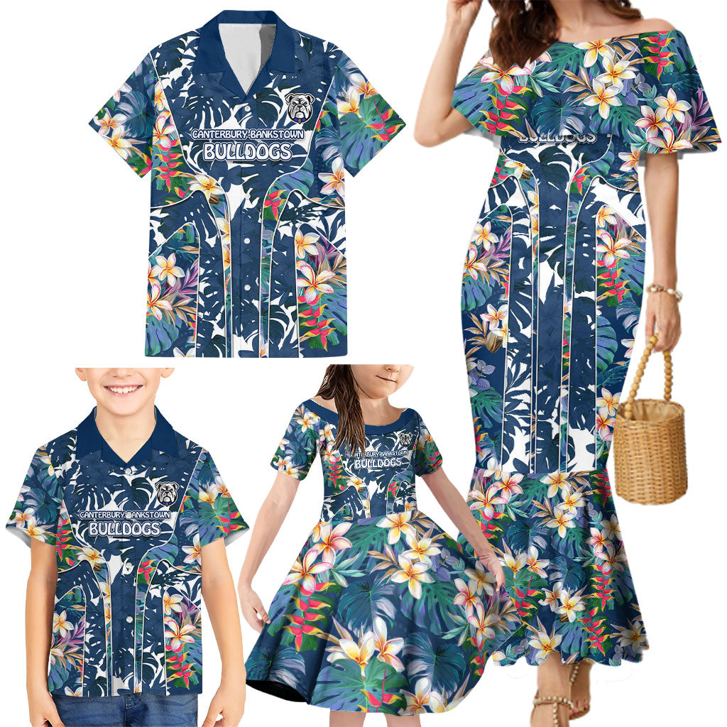 Canterbury-Bankstown Bulldogs Family Matching Mermaid Dress and Hawaiian Shirt Tropical Hibiscus Floral Pattern With Blue And White Accents