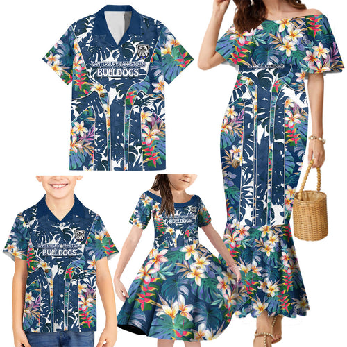 Canterbury-Bankstown Bulldogs Family Matching Mermaid Dress and Hawaiian Shirt Tropical Hibiscus Floral Pattern With Blue And White Accents