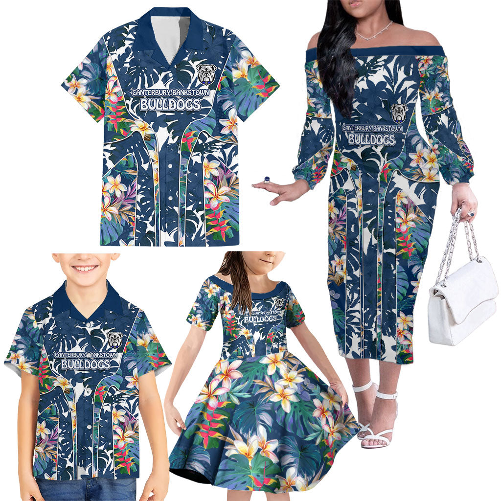 Canterbury-Bankstown Bulldogs Family Matching Off The Shoulder Long Sleeve Dress and Hawaiian Shirt Tropical Hibiscus Floral Pattern With Blue And White Accents