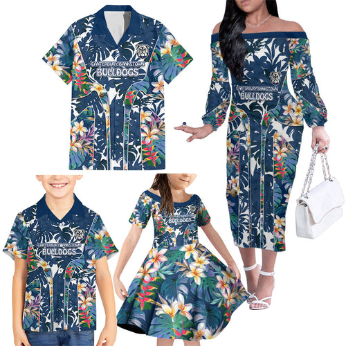 Canterbury-Bankstown Bulldogs Family Matching Off The Shoulder Long Sleeve Dress and Hawaiian Shirt Tropical Hibiscus Floral Pattern With Blue And White Accents