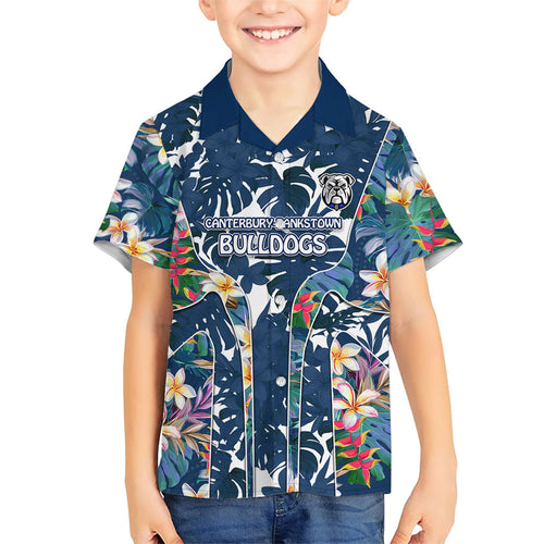 Canterbury-Bankstown Bulldogs Family Matching Off The Shoulder Long Sleeve Dress and Hawaiian Shirt Tropical Hibiscus Floral Pattern With Blue And White Accents