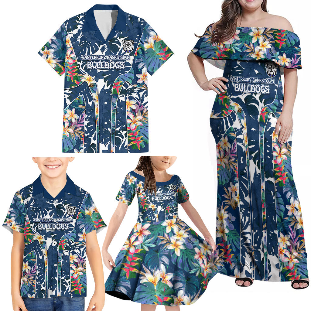 Canterbury-Bankstown Bulldogs Family Matching Off Shoulder Maxi Dress and Hawaiian Shirt Tropical Hibiscus Floral Pattern With Blue And White Accents