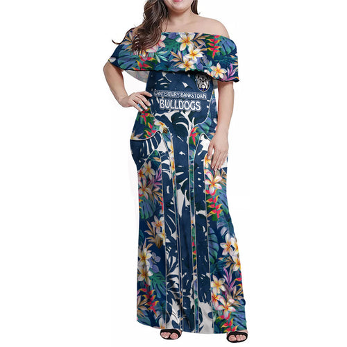 Canterbury-Bankstown Bulldogs Family Matching Off Shoulder Maxi Dress and Hawaiian Shirt Tropical Hibiscus Floral Pattern With Blue And White Accents