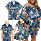 Canterbury-Bankstown Bulldogs Family Matching Off Shoulder Short Dress and Hawaiian Shirt Tropical Hibiscus Floral Pattern With Blue And White Accents