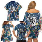 Canterbury-Bankstown Bulldogs Family Matching Off Shoulder Short Dress and Hawaiian Shirt Tropical Hibiscus Floral Pattern With Blue And White Accents