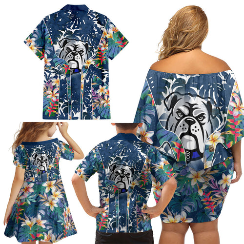 Canterbury-Bankstown Bulldogs Family Matching Off Shoulder Short Dress and Hawaiian Shirt Tropical Hibiscus Floral Pattern With Blue And White Accents