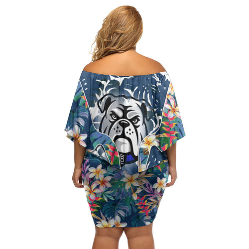 Canterbury-Bankstown Bulldogs Family Matching Off Shoulder Short Dress and Hawaiian Shirt Tropical Hibiscus Floral Pattern With Blue And White Accents