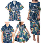 Canterbury-Bankstown Bulldogs Family Matching Puletasi and Hawaiian Shirt Tropical Hibiscus Floral Pattern With Blue And White Accents