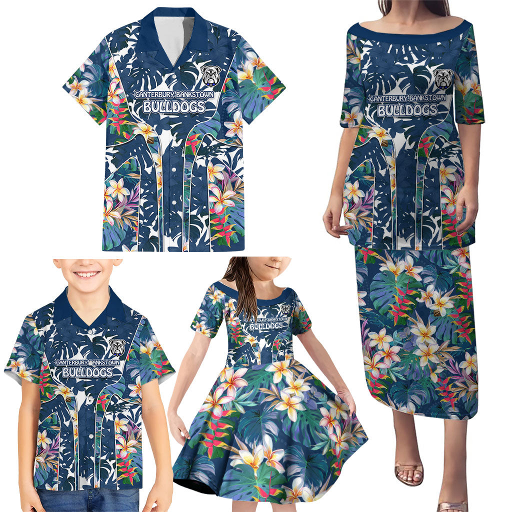 Canterbury-Bankstown Bulldogs Family Matching Puletasi and Hawaiian Shirt Tropical Hibiscus Floral Pattern With Blue And White Accents