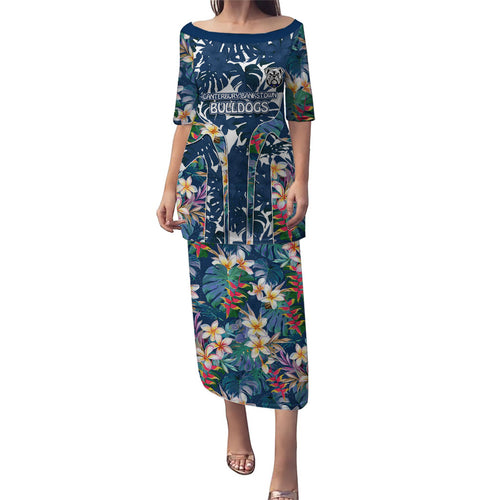 Canterbury-Bankstown Bulldogs Family Matching Puletasi and Hawaiian Shirt Tropical Hibiscus Floral Pattern With Blue And White Accents