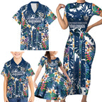 Canterbury-Bankstown Bulldogs Family Matching Short Sleeve Bodycon Dress and Hawaiian Shirt Tropical Hibiscus Floral Pattern With Blue And White Accents