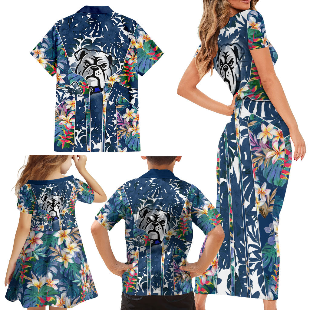 Canterbury-Bankstown Bulldogs Family Matching Short Sleeve Bodycon Dress and Hawaiian Shirt Tropical Hibiscus Floral Pattern With Blue And White Accents