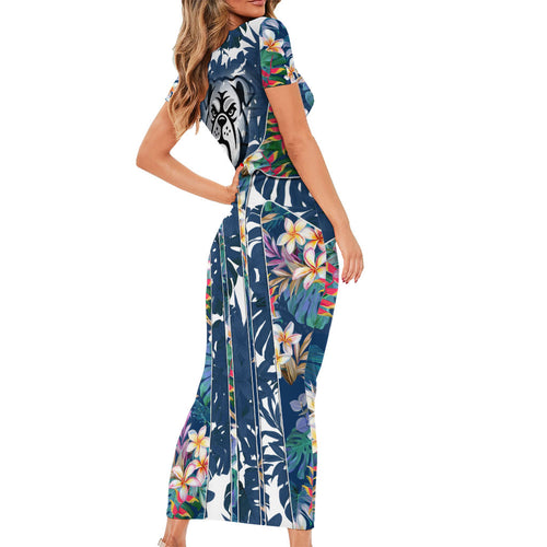 Canterbury-Bankstown Bulldogs Family Matching Short Sleeve Bodycon Dress and Hawaiian Shirt Tropical Hibiscus Floral Pattern With Blue And White Accents