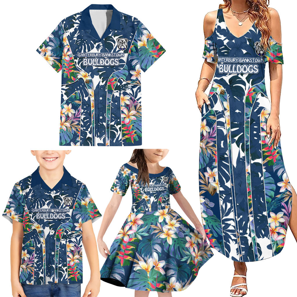 Canterbury-Bankstown Bulldogs Family Matching Summer Maxi Dress and Hawaiian Shirt Tropical Hibiscus Floral Pattern With Blue And White Accents
