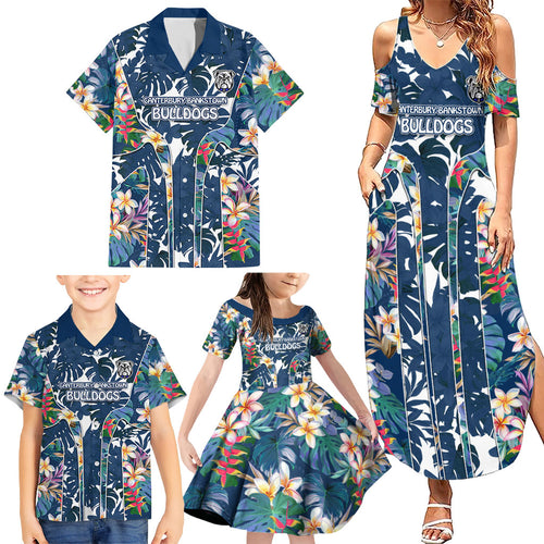 Canterbury-Bankstown Bulldogs Family Matching Summer Maxi Dress and Hawaiian Shirt Tropical Hibiscus Floral Pattern With Blue And White Accents