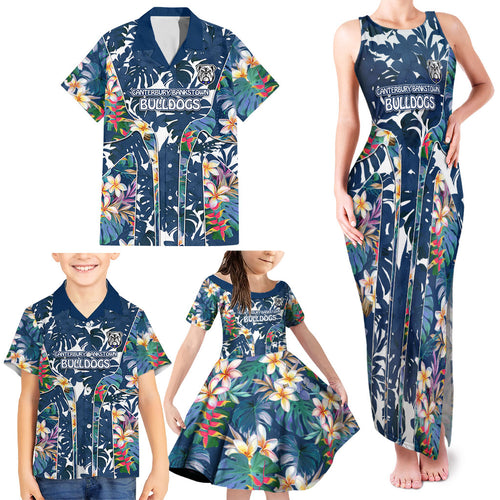 Canterbury-Bankstown Bulldogs Family Matching Tank Maxi Dress and Hawaiian Shirt Tropical Hibiscus Floral Pattern With Blue And White Accents