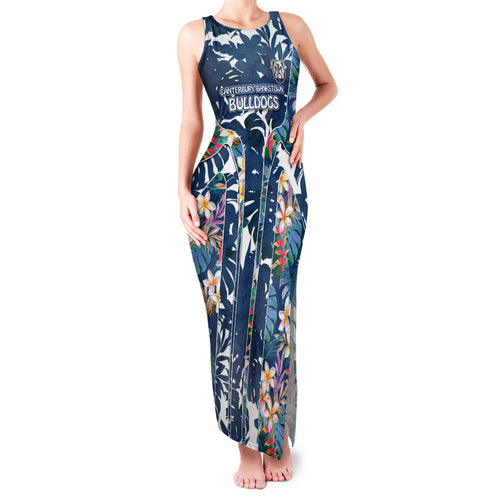 Canterbury-Bankstown Bulldogs Family Matching Tank Maxi Dress and Hawaiian Shirt Tropical Hibiscus Floral Pattern With Blue And White Accents